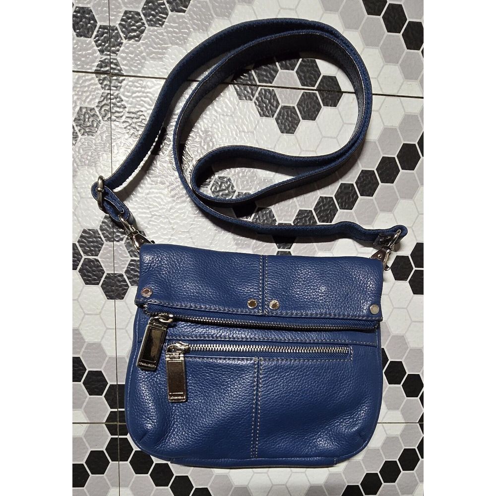 TIGNANELLO Crossbody Bag Blue Foldover Pebble Leather Zip Top Purse Pockets